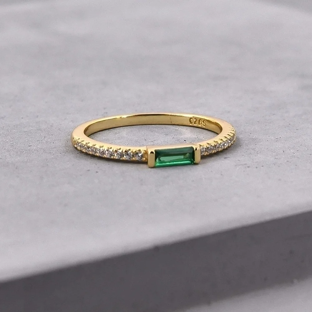 Dainty Baguette Cut Emerald Ring Diamond 925